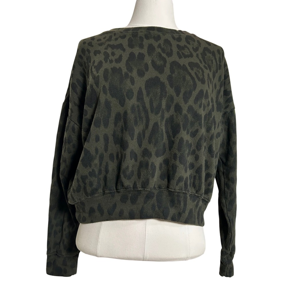 Green Leopard Print Cropped Sweatshirt Small Pullover Chic Animal Print Lounge